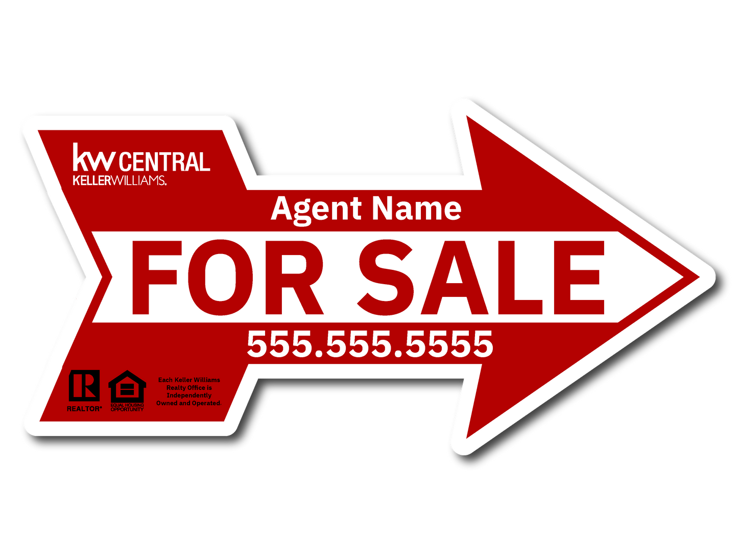 KW Central 12X24 Red & White Directional Arrow For Sale Sign