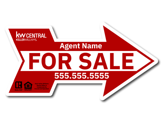 KW Central 12X24 Red & White Directional Arrow For Sale Sign
