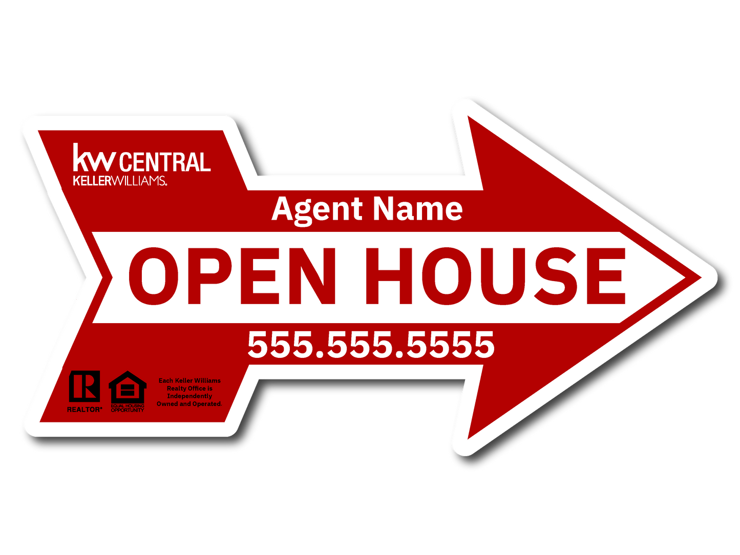 KW Central 12X24 Red & White Directional Arrow For Open House Sign