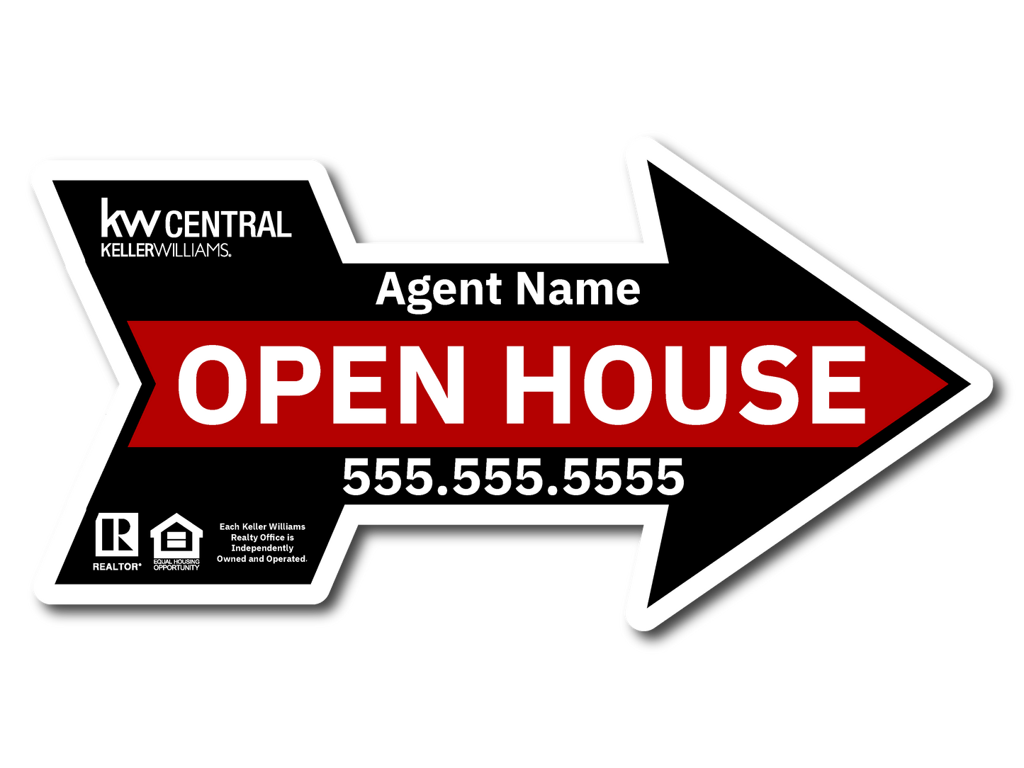 KW Central 12X24 Black & Red Directional Arrow Open House Sign