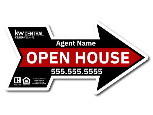 KW Central 12X24 Black & Red Directional Arrow Open House Sign
