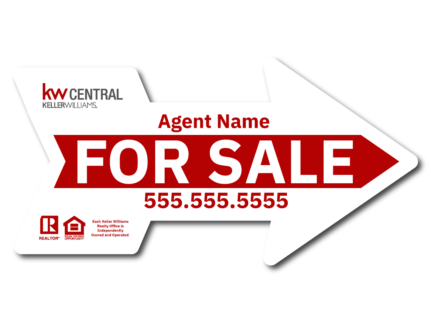 KW Central 12X24 White & Red Directional Arrow For Sale Sign