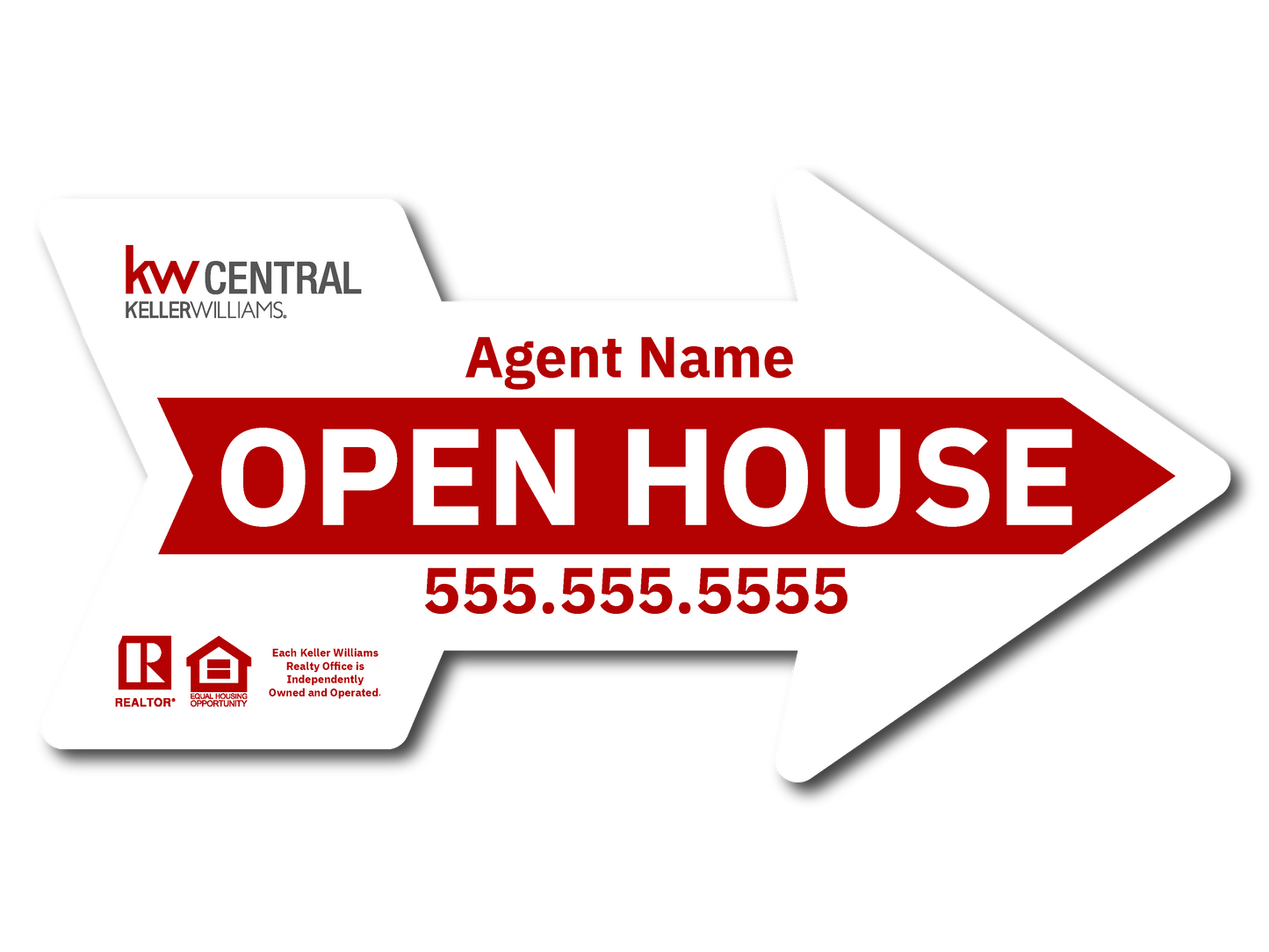 KW Central 12X24 White & Red Directional Arrow Open House Sign