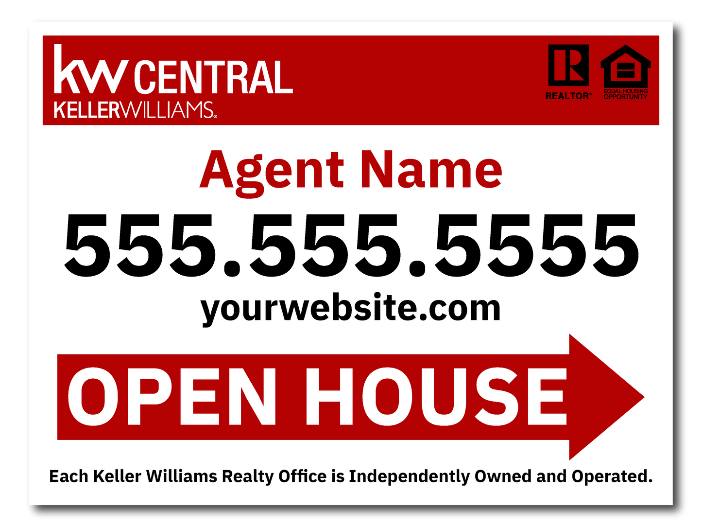 KW Central 12x18 White & Red Directional Open House Sign