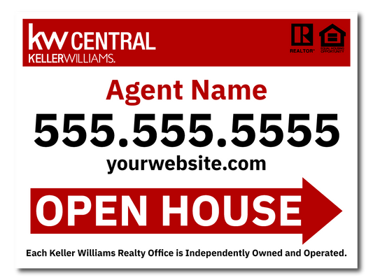KW Central 12x18 White & Red Directional Open House Sign