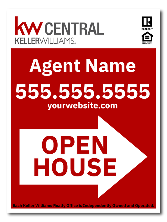 KW Central 24x18  Red & White Directional Open House Sign