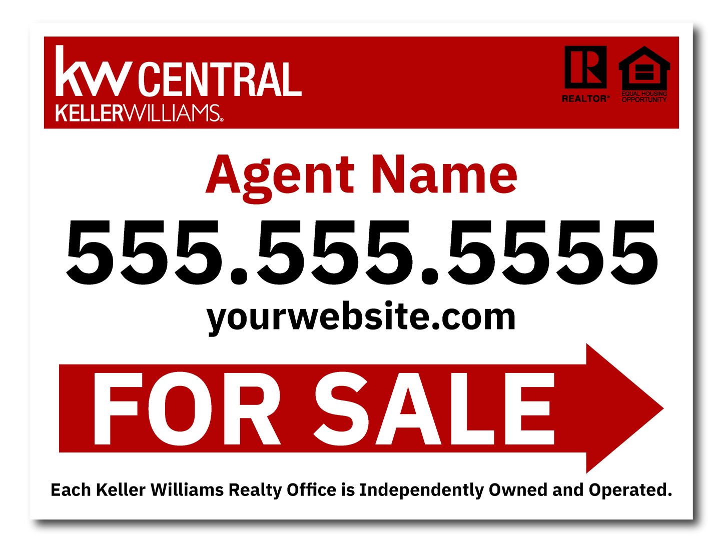 KW Central 12x18 White & Red Directional For Sale Sign