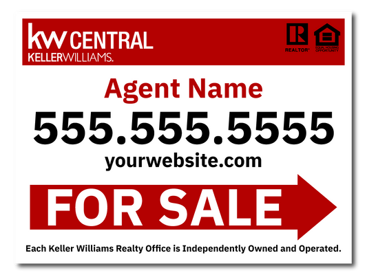 KW Central 12x18 White & Red Directional For Sale Sign