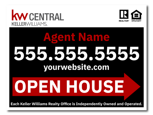 KW Central 12x18 Black & Red Directional Open House Sign