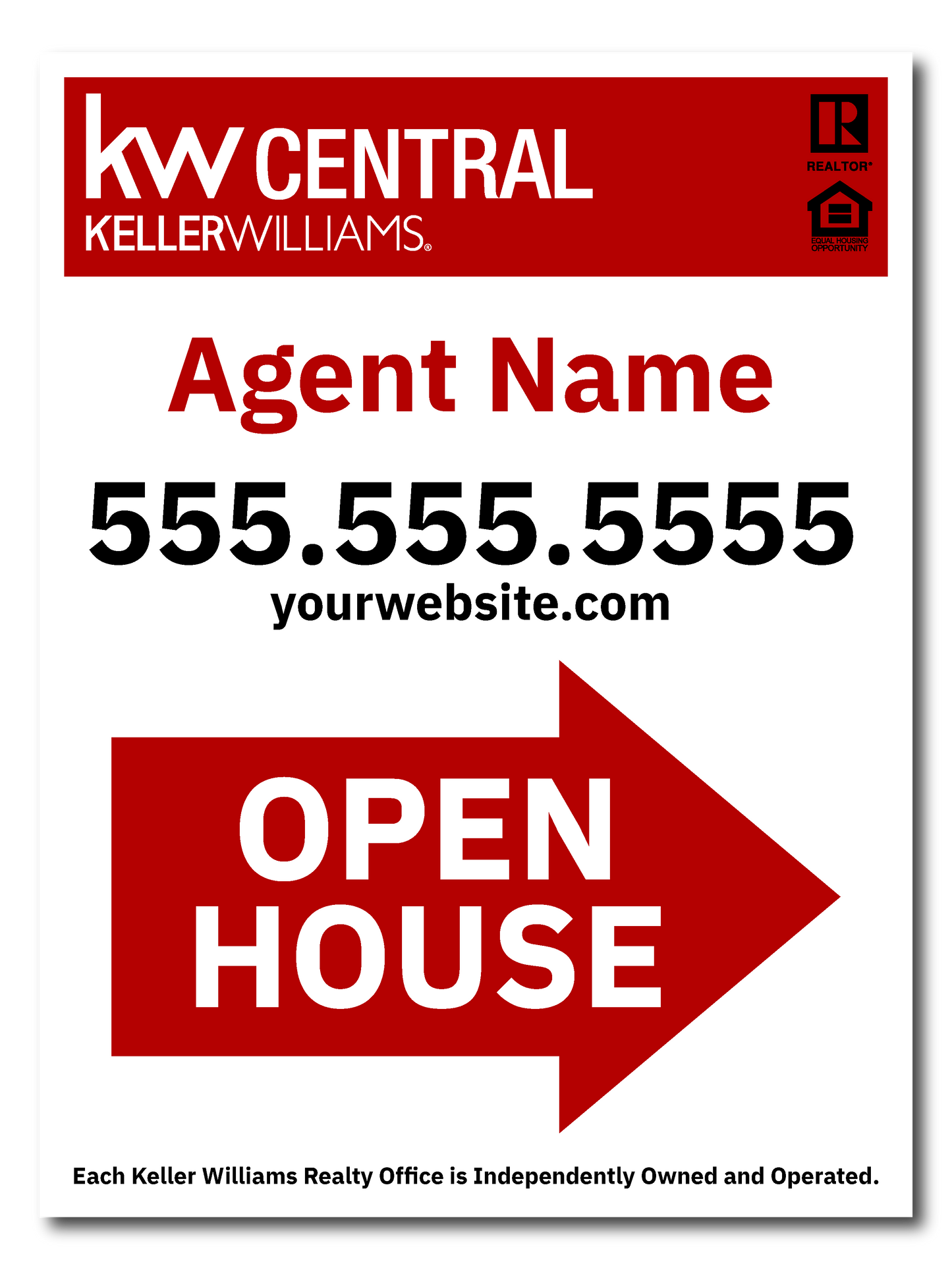 KW Central 24x18 White & Red Directional Open House Sign