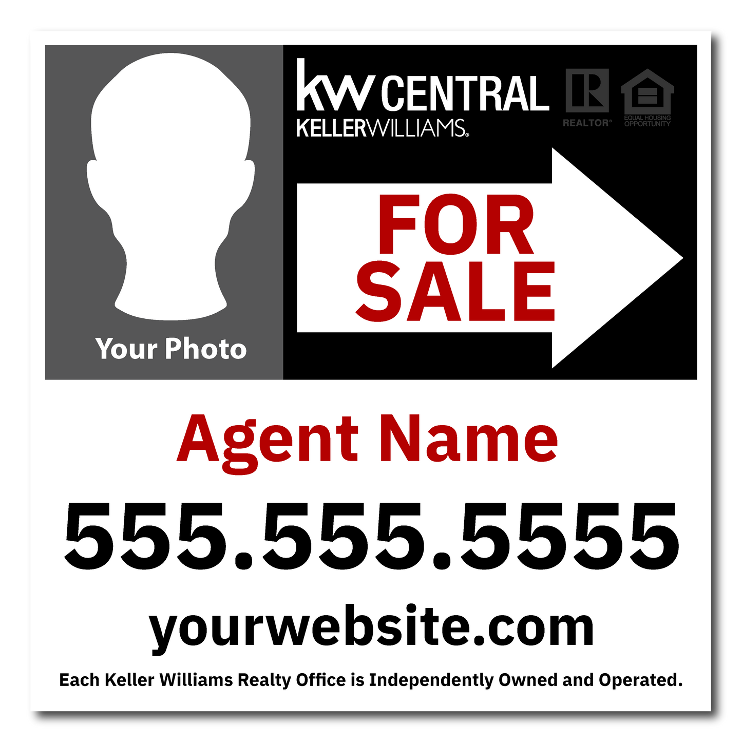 KW Central 24x24 Black & White Left Agent Photo Directional For Sale Sign