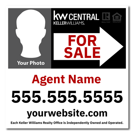 KW Central 24x24 Black & White Left Agent Photo Directional For Sale Sign