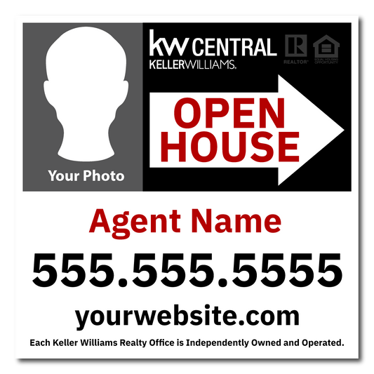 KW Central 24x24 Black & White Left Agent Photo Directional Open House Sign
