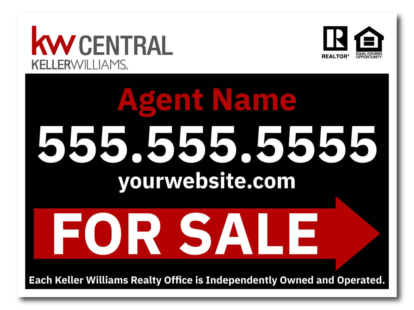 KW Central 18x24 Black & Red Directional For Sale Sign