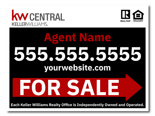 KW Central 12x18 Black & Red Directional For Sale Sign