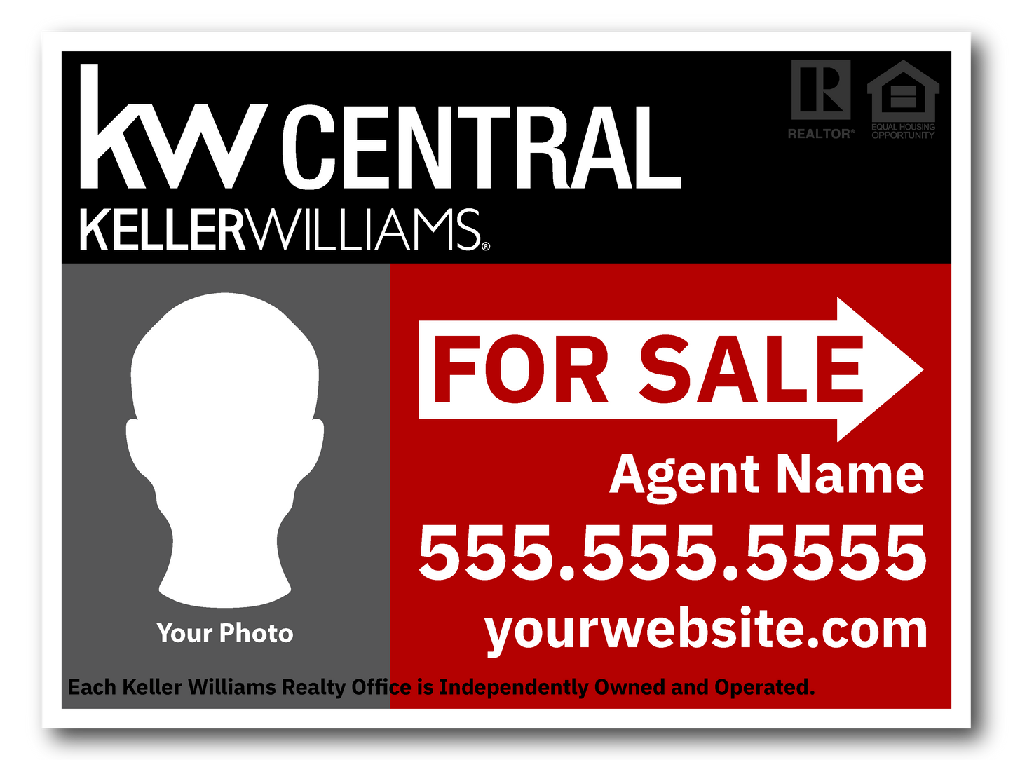 KW Central 18x24 Left Agent Photo Directional For Sale Sign