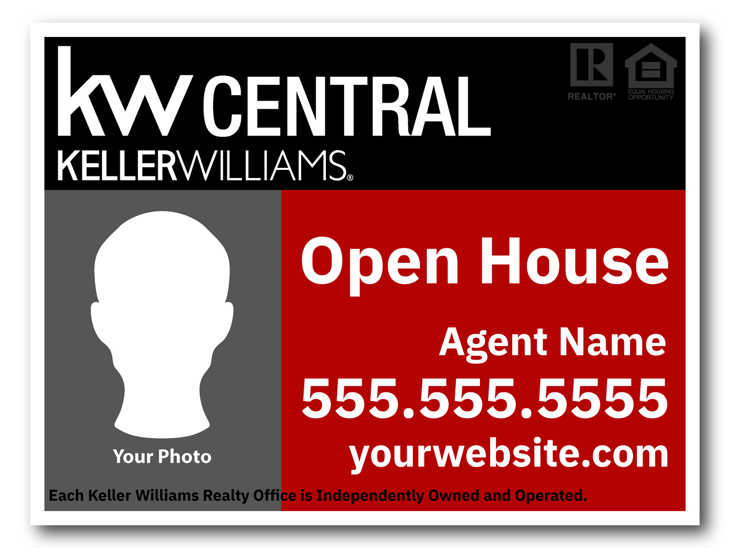KW Central 12x18 Left Agent Photo Open House Sign