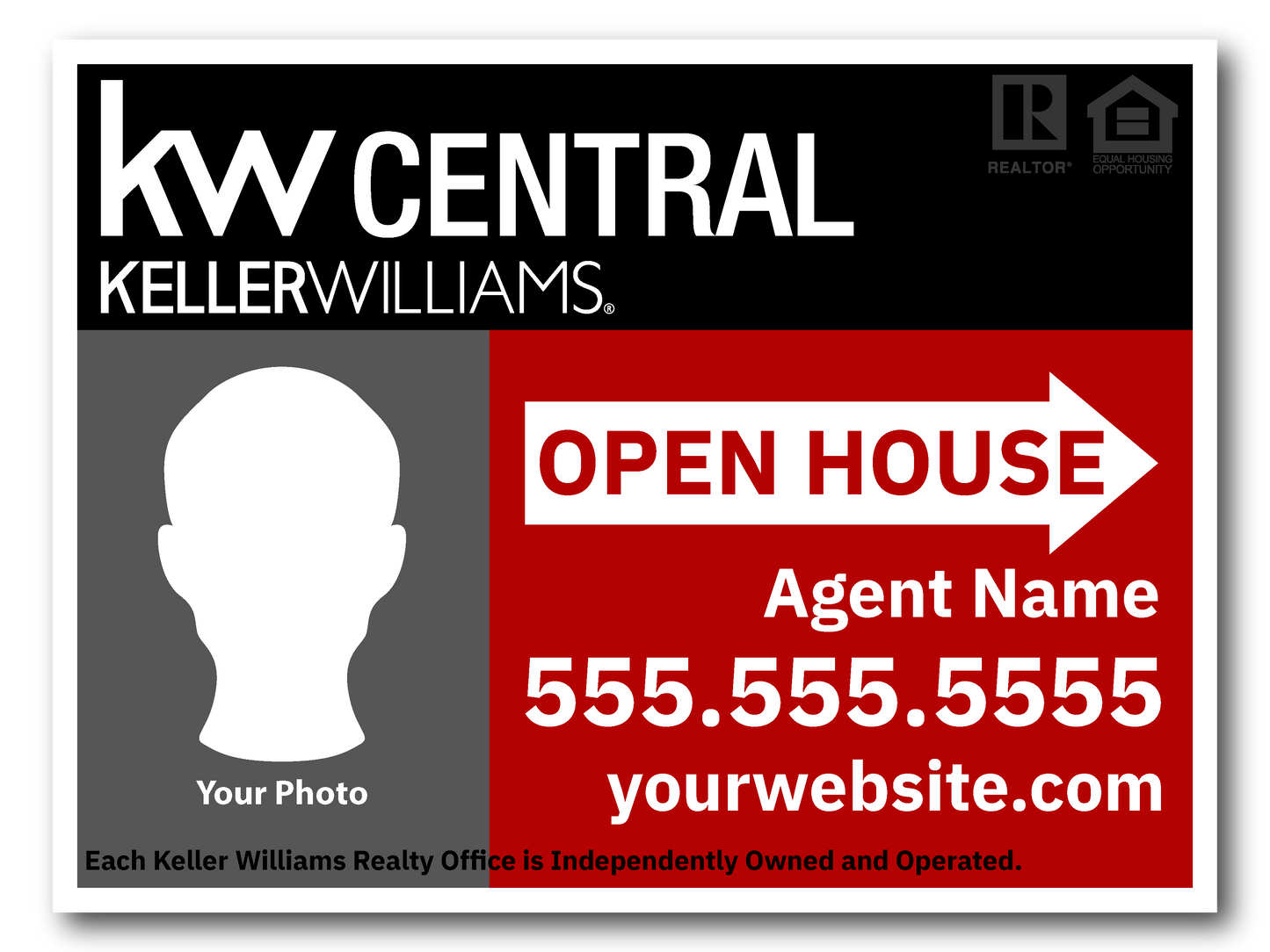 KW Central 18x24 Left Agent Photo Directional Open House Sign