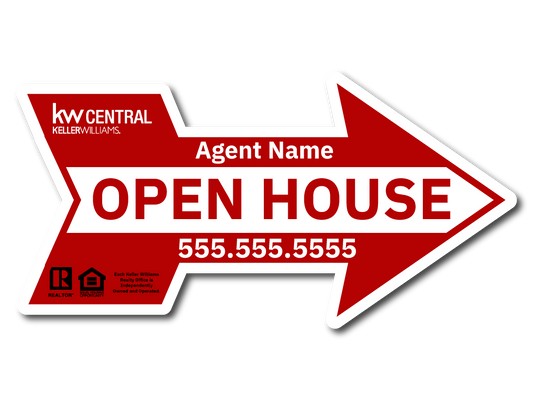 KW Central 12X24 Red & White Directional Arrow For Open House Sign