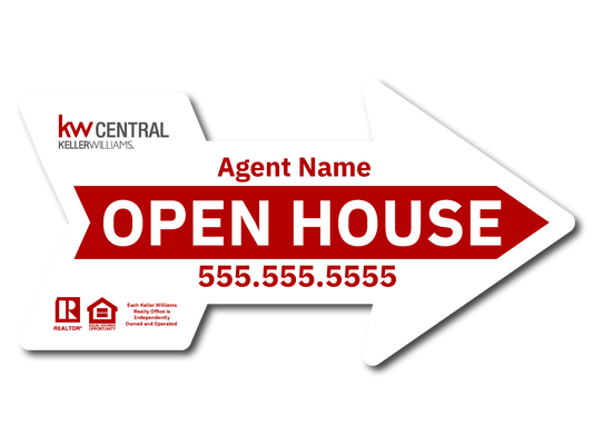 KW Central 12X24 White & Red Directional Arrow Open House Sign