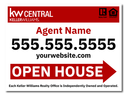 KW Central 18x24 White & Red Directional Open House Sign