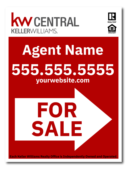 KW Central 24x18 Red & White Directional For Sale Sign