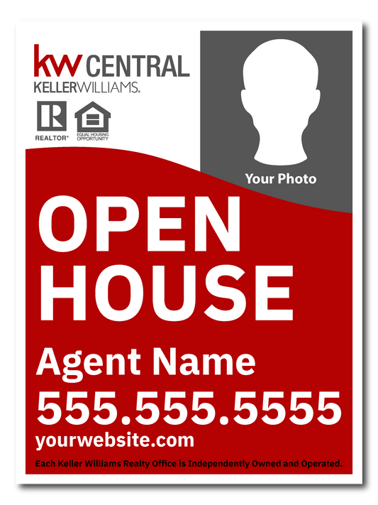 KW Central 24x18 Right White & Red Wave Agent Photo Open House Sign