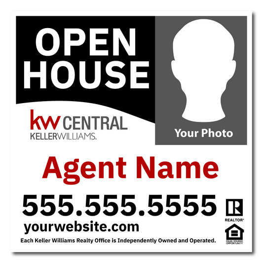 KW Central 24x24 Right Black & White Wave Agent Photo Open House Sign